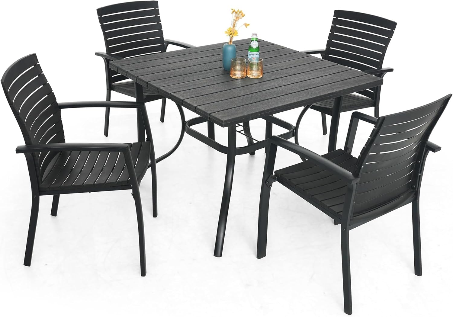 Anmutig Outdoor Dining Table with 1.6" Umbrella Hole, 37" Square Plastic Patio Table with Metal Steel Frame for Picnic, Garden, Poolside, Backyard, Black
