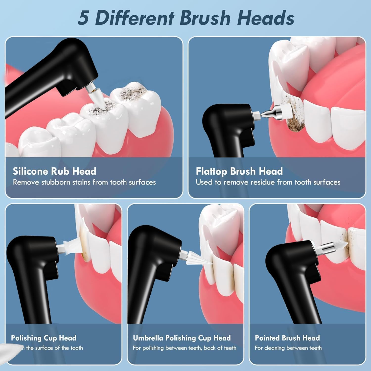 Coobest Tooth Polisher Kit with 5 Speed Modes and 5 Heads, Tooth Whitening for Cleaning with LED Light, IPX7 Waterproof Tooth Polish Complete Teeth Cleaning Tools Home Dental Care Set Black