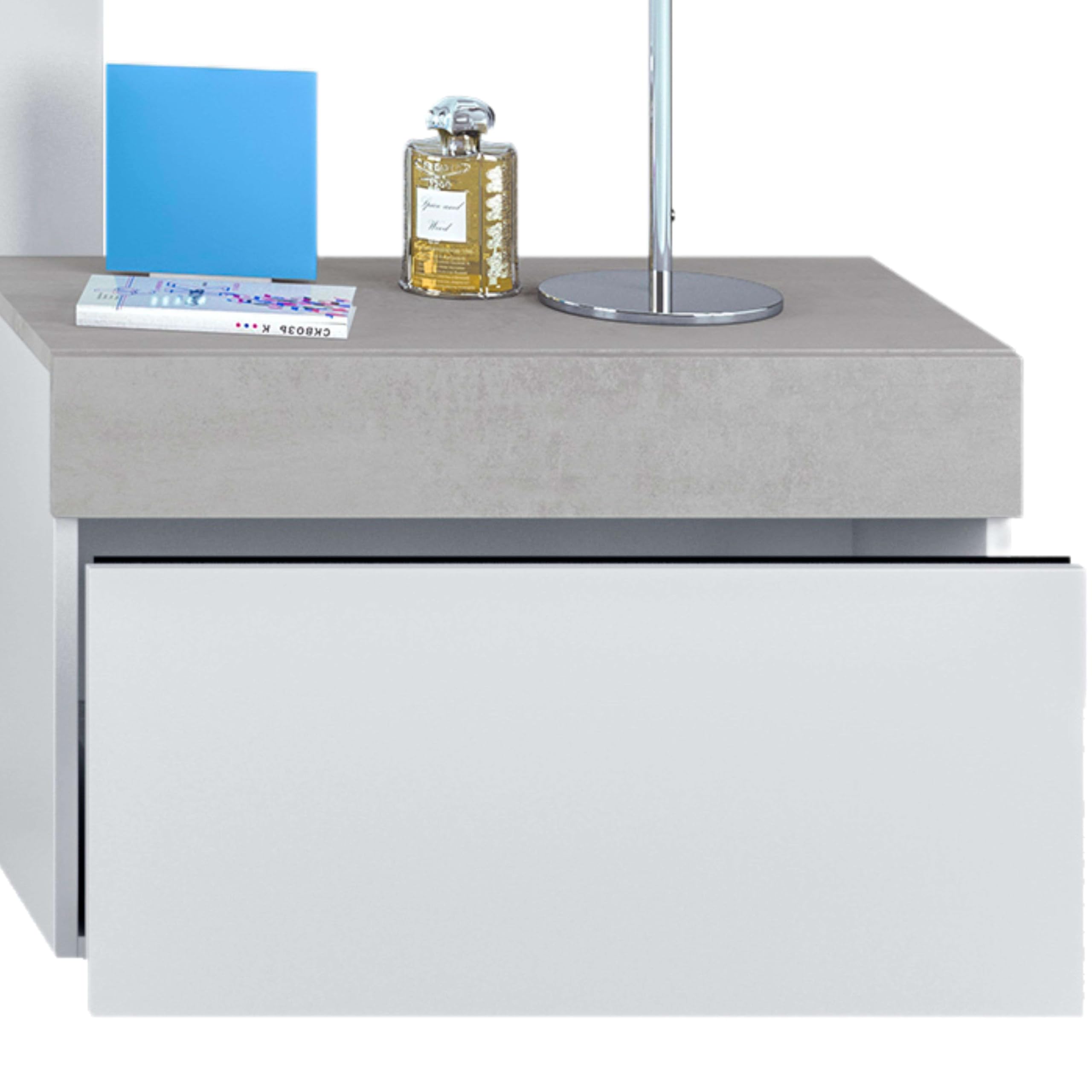 Habitdesign – Cabecero de Cama Matrimonio con 2 Mesitas, Cabezal de Matrimonio y Mesillas, Color Blanco Artik y Gris Cemento, 298x40x96,5 cm - Modelo Tekkan