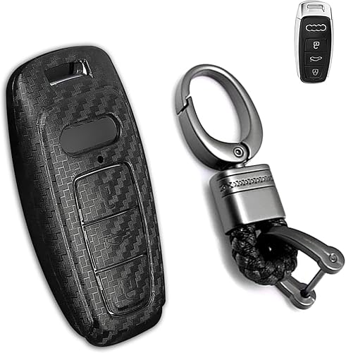 x xotic tech Matte Black Carbon Fiber Pattern Hard Shell Key Fob Cover Case with Keychain Compatible with Audi A3 A6 A7 A8 Q7 Q8 E-Tron S3 S6 RS6