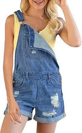 GRAPENT Women's Ripped Denim Shortalls Adjustable Straps Bib Overall Jean Shorts