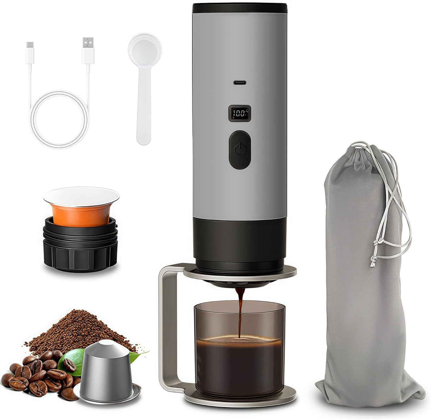 Portable Coffee Maker Espresso Machine for Travel Nano Car Coffee Maker Compatible with Ground Coffee & Capsule for RV, Hiking Camping Office, Travel Espresso Maker Electric Gray