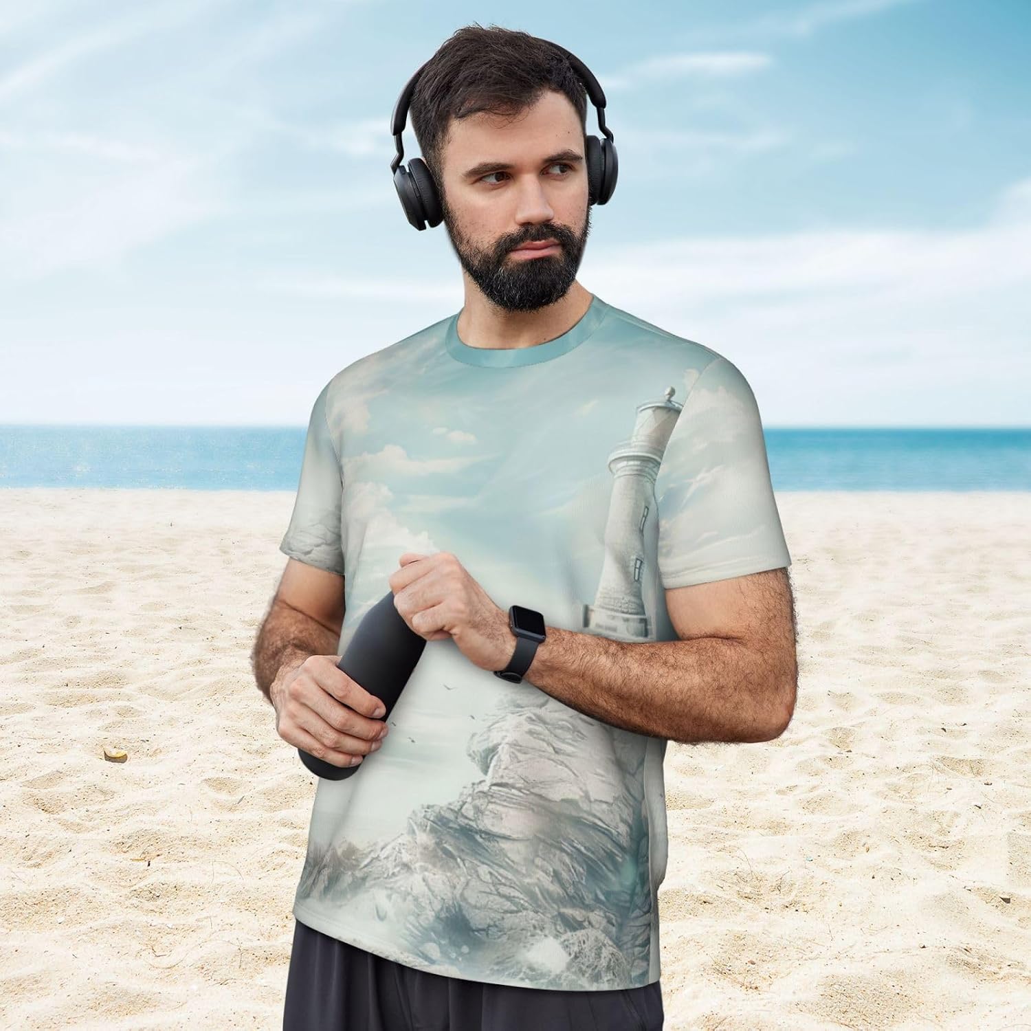 Lighthouse Backdrop Print Mens Short Sleeve Mesh T-Shirt Breathable Athletic Gym Running Casual Sports Wear