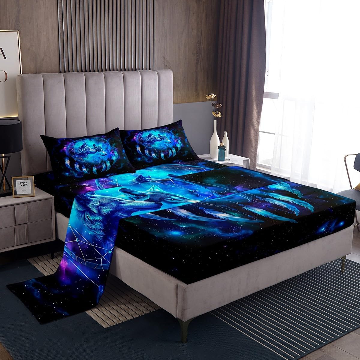 3D Wolf Bed Sheets Twin Size,Dream Catcher Bedding Set 3Pcs for Kids Girls Boys Teens Room Decor,Starry Sky Galaxy Fitted Sheet Trippy Tribal Style Top Flat Sheet,1 Pillowcase