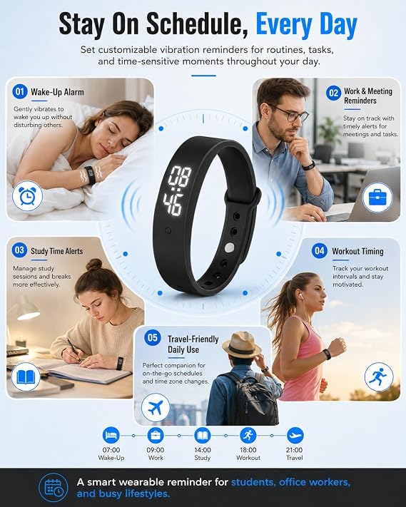 Vibrating Alarm Clock Watch for Heavy Sleepers Silent Wake Up Bracelet with Strong Vibration Wearable Digital Wrist Wristband Alarm Non-Audible Sleep Portable Watch for Men Women(Black)