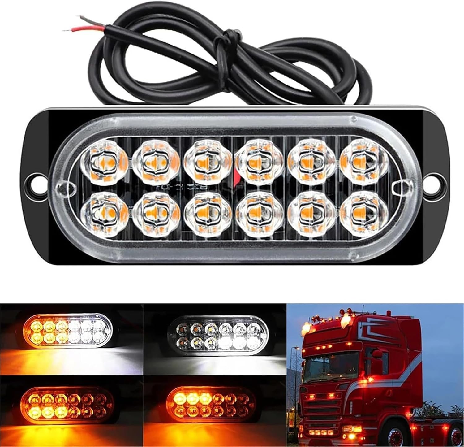 1pcs Led Strobe Warning Light Strobe Grille Flashing Lightbar Truck Car Beacon Lamp Amber Traffic Light 12V 24V Car Light(Flash Yellow White)