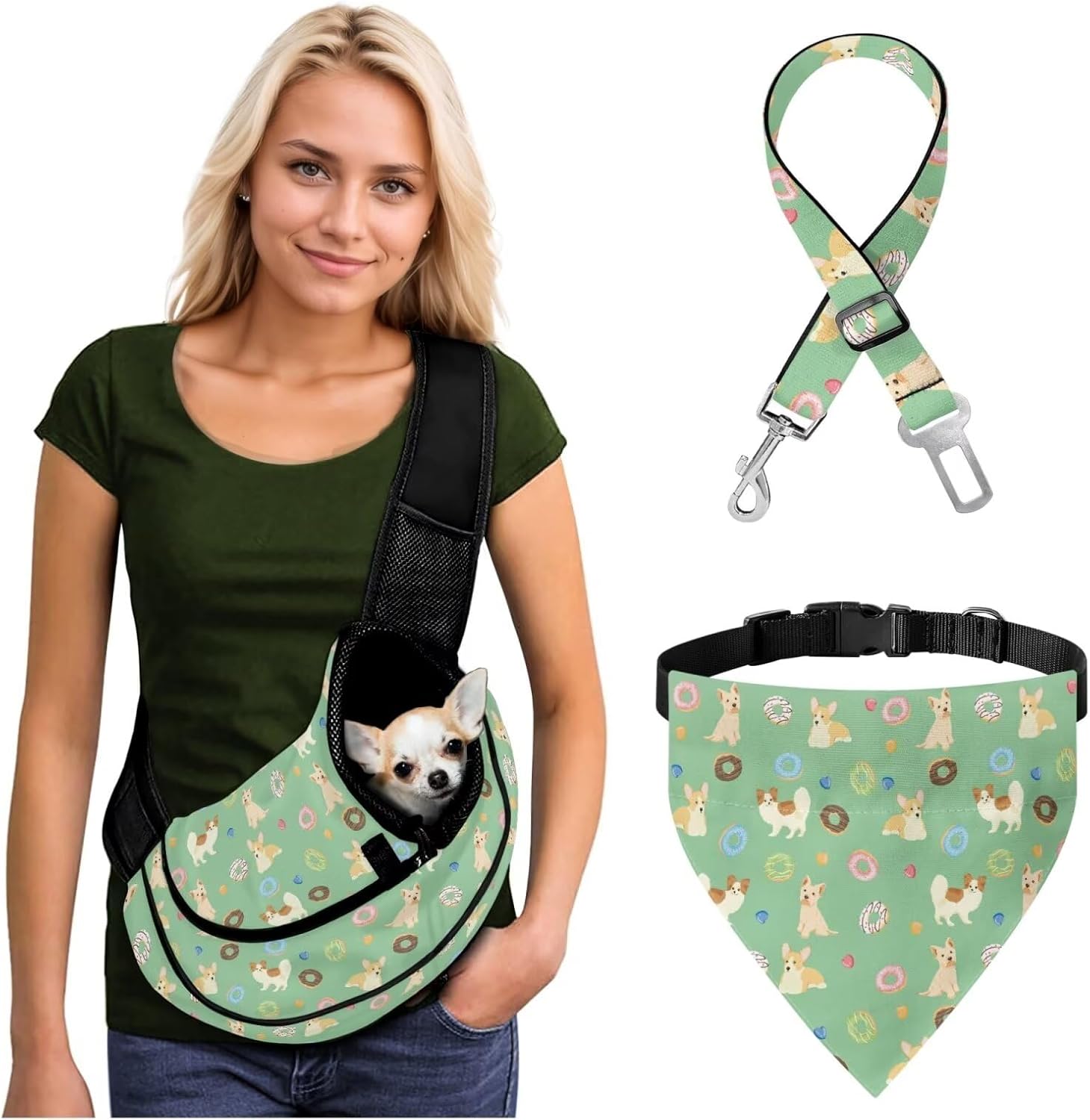 Cute Dachshund Pet Sling Carrier Bundle with Dog Paws Print - Comes with Portable Dog & Cat Crossbody Bag, Safety Leash & Comfortable Dogs Bibs Scarf Ideal for Birthdays, Parties & Costumes