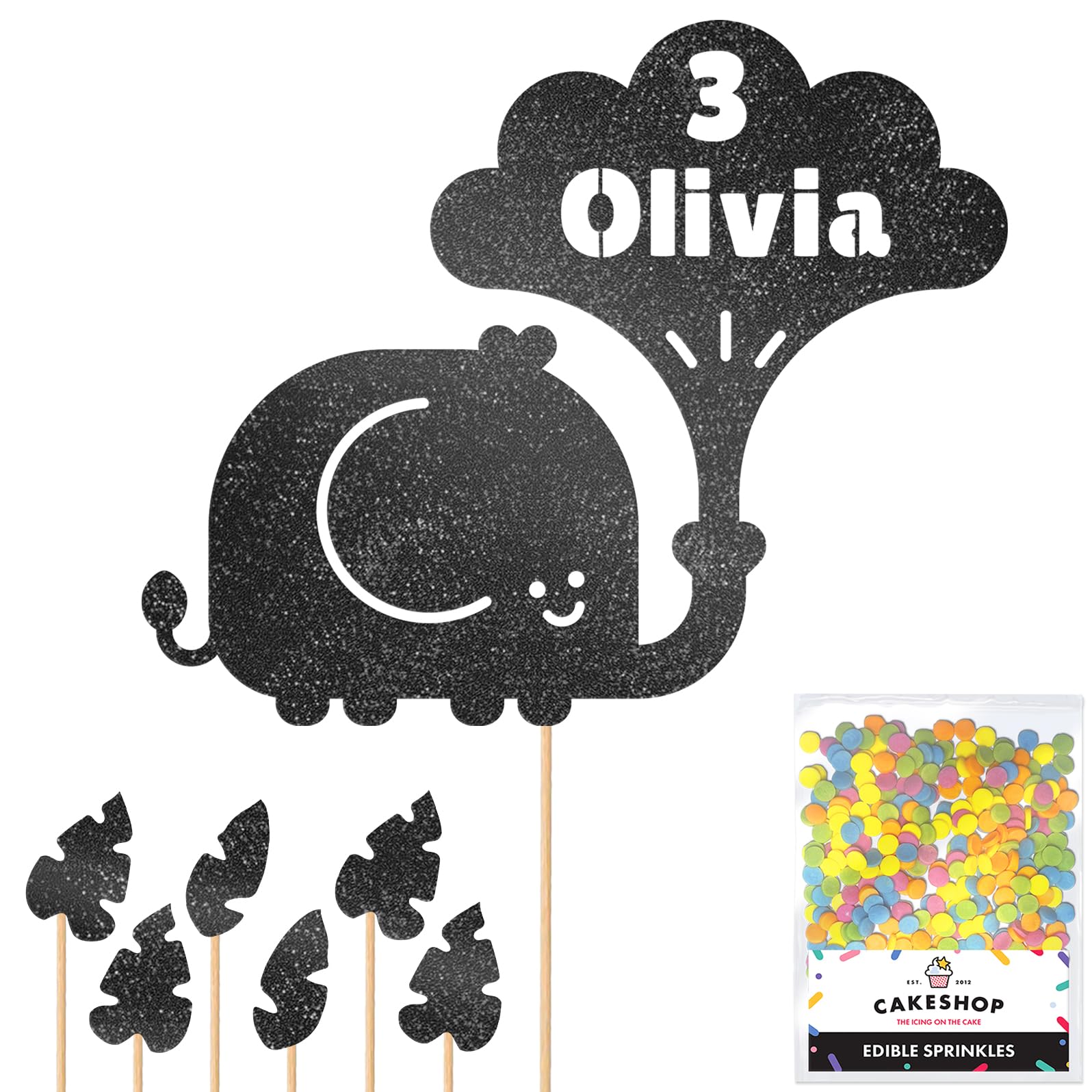 Personalised Jungle Elephant Glitter Cake Topper- Black Any Custom Age & Name Glitter Cake Decoration and Sprinkles - Happy Birthday Decorations - Personalised Toppers for Cakes by Cakeshop