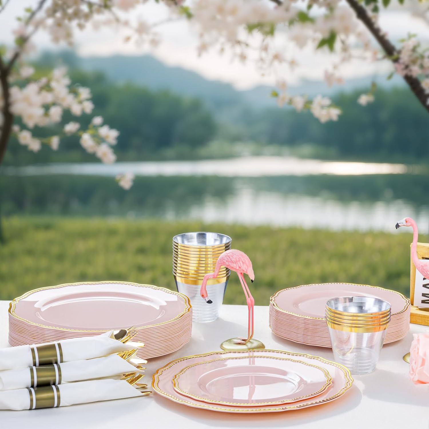 Hioasis 350pcs Pink and gold Plastic Plates - Pink Plastic Dinnerware Set Includes 50 Dinner Plates, 50 Dessert Dinnerware, 50 Cups, 50 Rolled Napkin Cutlery Perfect for Wedding & Valentine's Day - Image 8