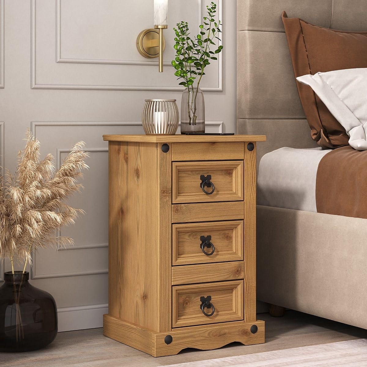 Corona Bedside Table 3 Drawer Pine Bedroom Side Cabinet Nightstand Waxed Wood