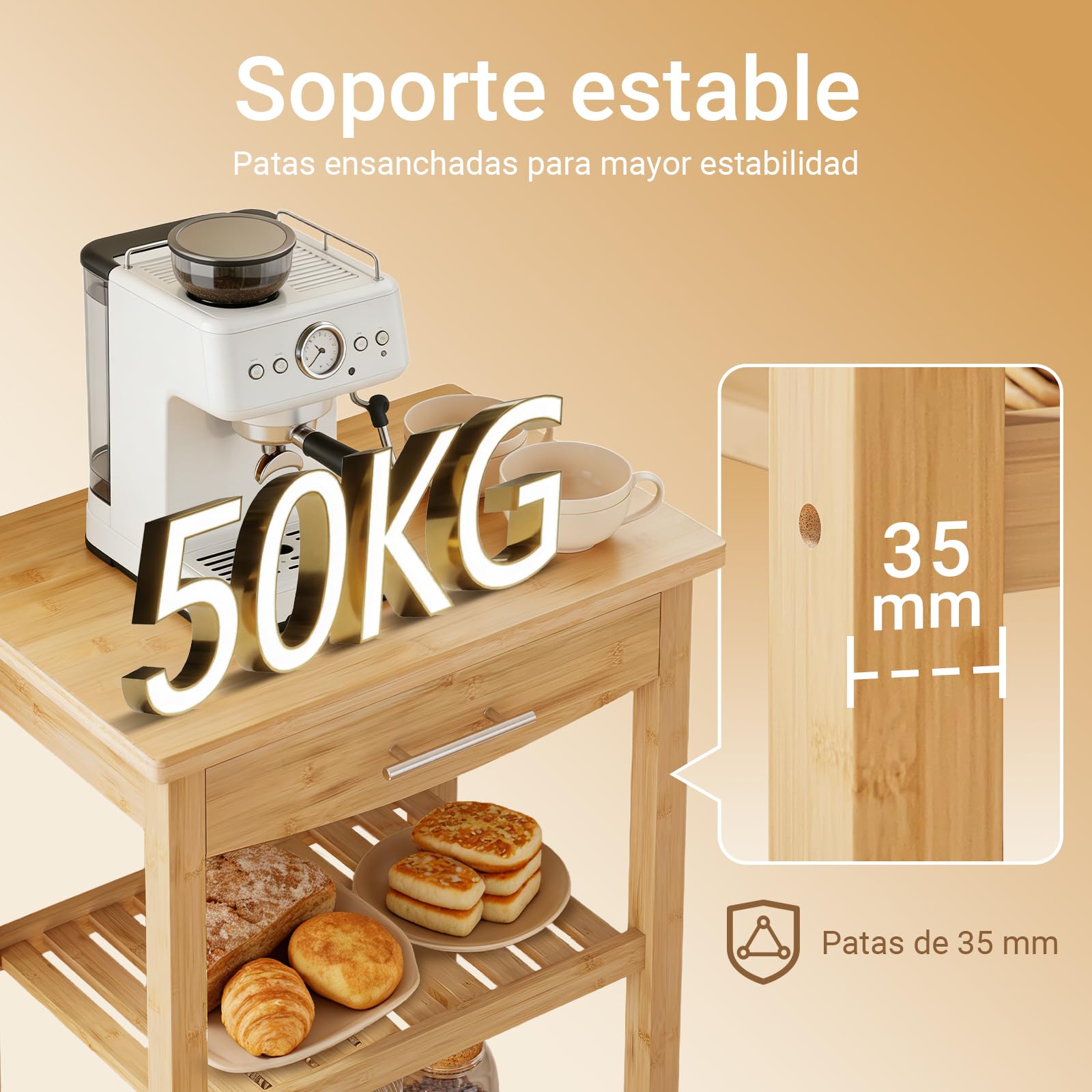 SoBuy Carrito de Cocina con Ruedas, cajón y 2 estantes, 58x40x86 cm | Carro de cocina de bambú carbonizado, 50 kg, antibacteriano y fácil de limpiar, para cocina y comedor, FKW135-N