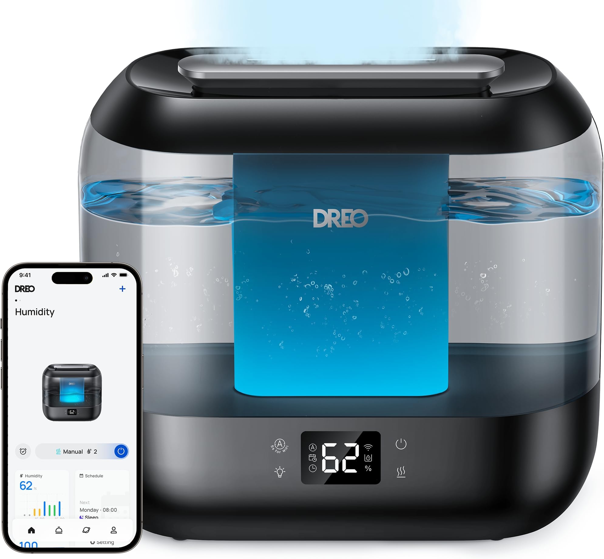 DREO Smart Humidifier for Bedroom Baby, 4L Cool Mist Humidifiers for Home, 28dB Quiet Humidifier, LED Display, Humidity Sensor, Oil Diffuser, 36H Runtime, Nightlight, Top Fill, Touch/APP/Voice Control