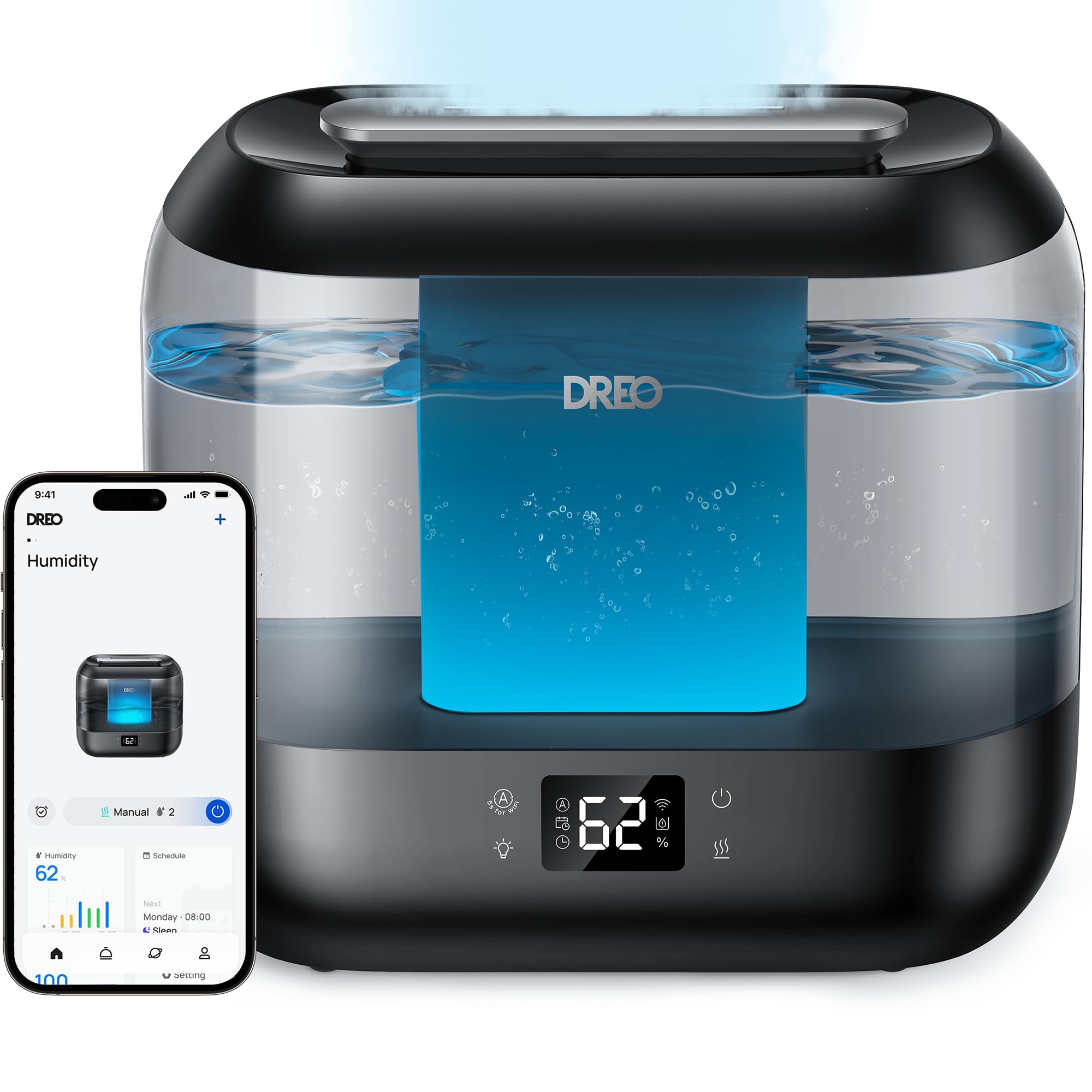 Dreo Smart Humidifiers for Bedroom, Top Fill 4L Supersized Humidifier Large Room with 28 dB, 36H Runtime, Touch/APP/Voice Control, Nightlight, Cool Mist Humidifiers for Baby, Plants, Indoor, BlackDreo Smart Humidifiers for Bedroom, Top Fill 4L Sup…