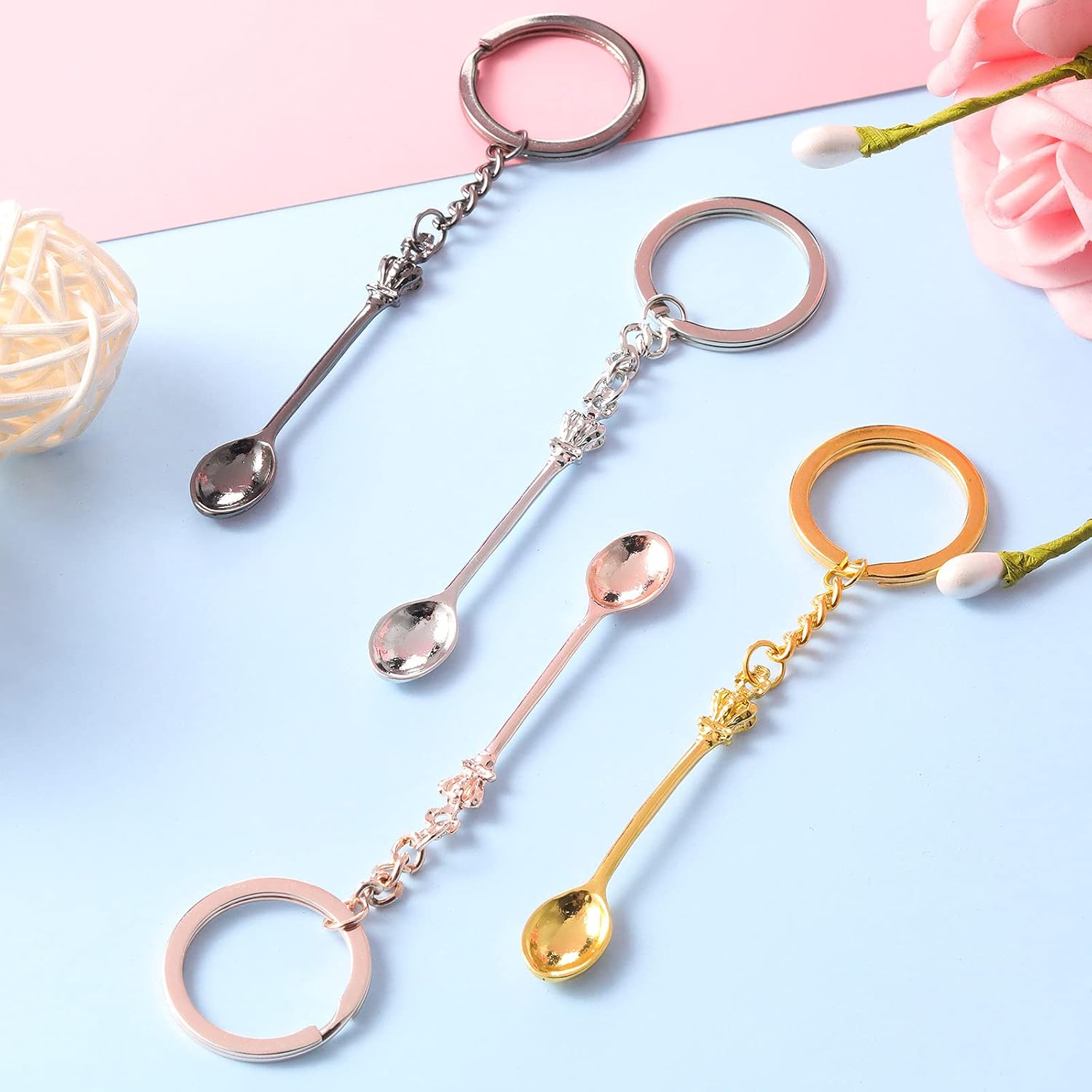 4 Pieces Mini Crown Spoon Keychain Teaspoon Pendant Necklace Key Ring Crown Teaspoon Spoon Keychain for Filling Vials (Gold, Silver, Rose Gold, Black)
