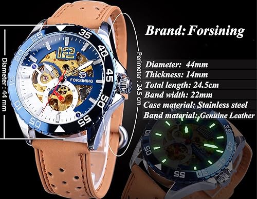 Miniatura 4 de FORSINING Reloj de esqueleto de corazón abierto, relojes de cuero mecánicos de cuerda automática de lujo para hombres, reloj de brillo nocturno,