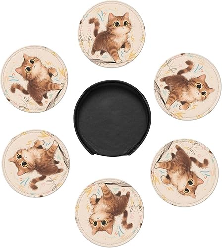 Vista 7 de Drink Coasters Set of 6, Brown Kitten Printed PU Leather Round Coaster with Holder for Outdoor, Office, Bar, Funny Heat-Resistant Home Desk Decor