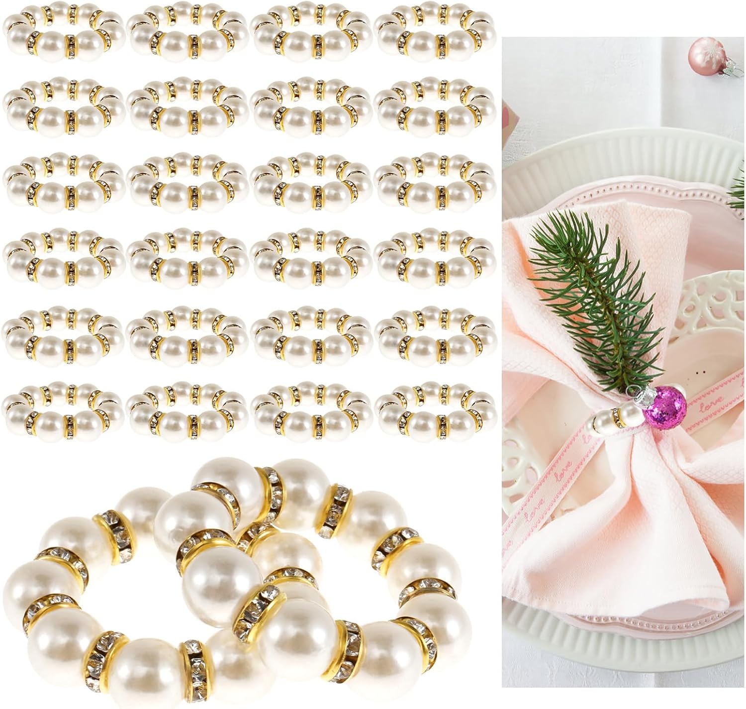 240Pcs Gold Napkin Rings Bulk, Delicate Imitation Pearl Napkin Holder Rings, Elegant Beaded Serviette Buckles for Wedding Party Dinner Banquet Christmas Table Decor & Home Daily Use