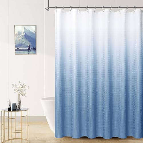 Miniatura 2 de Juego de cortina de ducha de baño azul mezclilla con ganchos, cortina de baño de tejido gofre de 230 GSM, accesorios de decoración de tela repelente