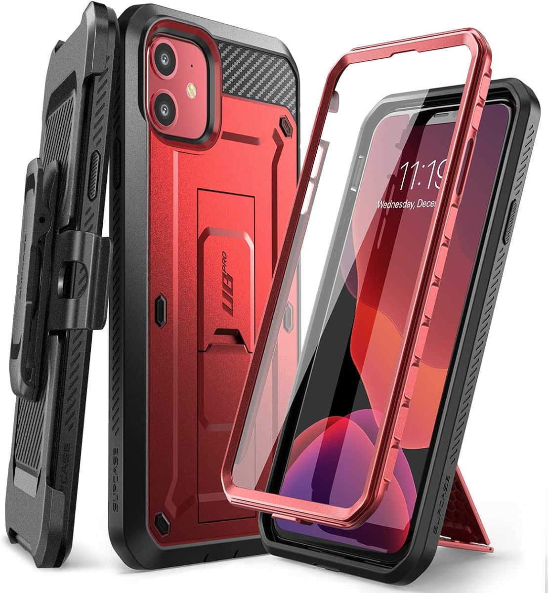 for iPhone 11 Case (6.1 inch) with Screen Protector, Red | Built-in Kickstand, 360° Rotating Belt Clip, Full-Body Rugged Holster Case, Military-Grade Protection, Unicorn Beetle Pro