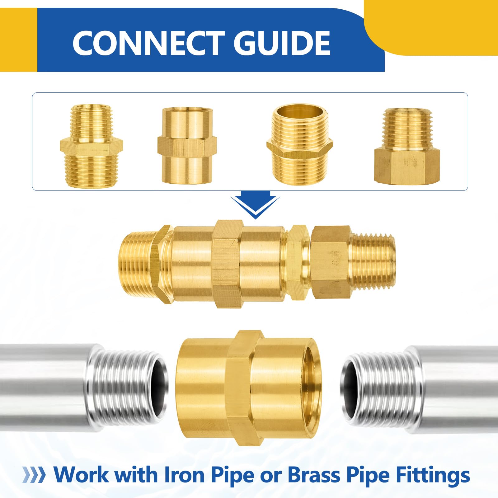 Paquete de 100 acoplamientos de latón para tuberías GUOFIS, Rosca Hembra NPT de 1/2" a Rosca Hembra NPT de 1/2", para conectar Dos tuberías o Accesorios.