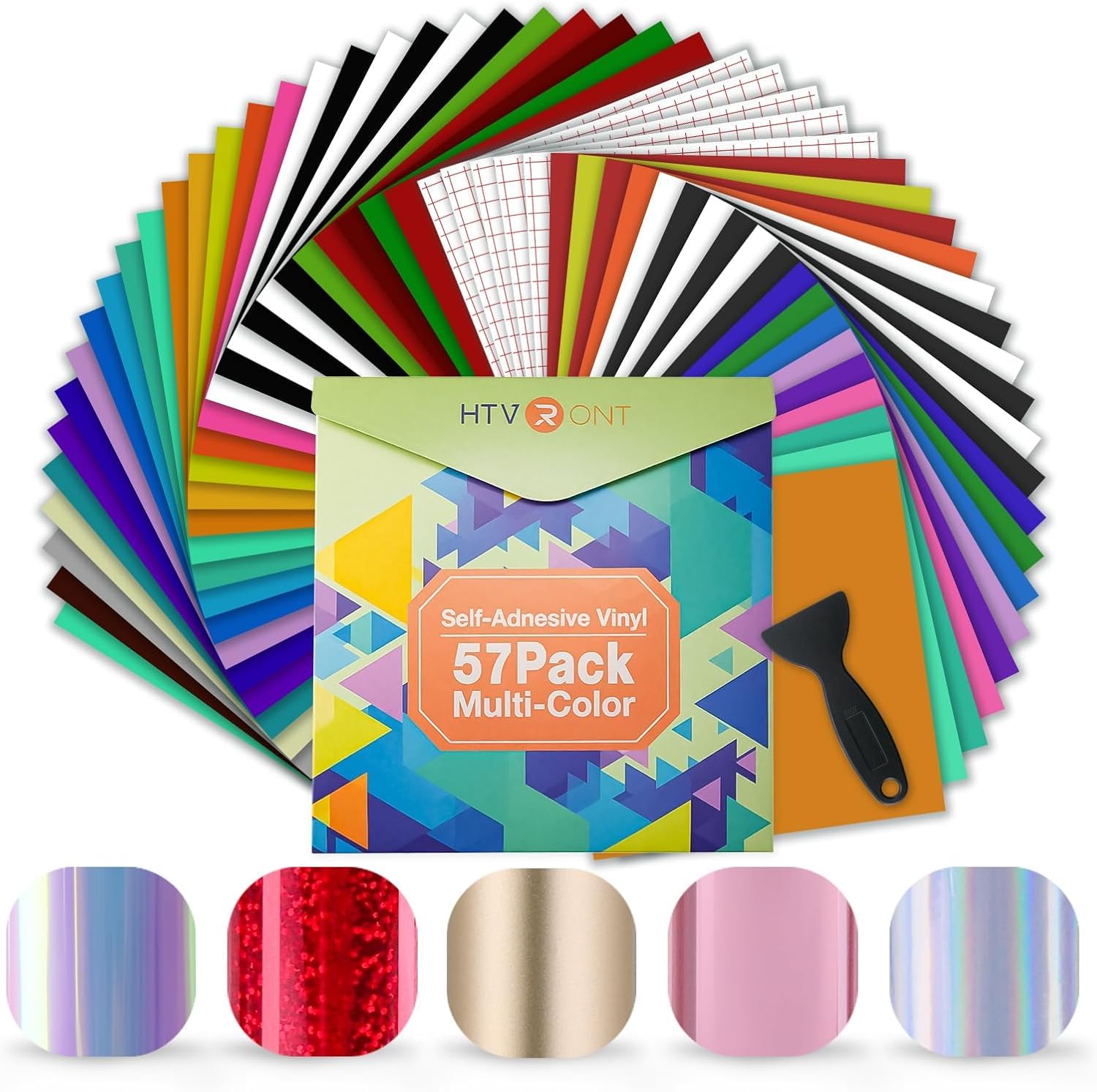 HTVRONT Permanent Vinyl for Cutting Machine- 57 Pack 12" x 12" Permanent Bundle, 52 Adhesive Vinyl Sheets and 5 Transfer Tape Sets for Party Decoration, Sticker