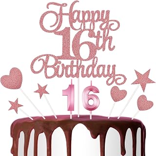 Happy 16th Birthday Cake Topper, 16th Birthday Candles Cake Numeral Candles Glitter Birthday Cake Decorations for Birthday Anniversary Party Supplies
