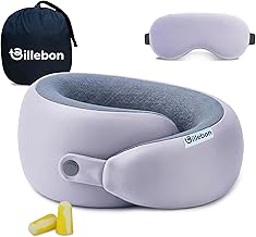 Billebon Ultrasoft Memory Foam Neck Pillow for Travel, Lightweight Comfortable & Breathable Cover, Airplane Travel Pillow Combo with Premium Eye Mask and Carry Bag. (Grey)