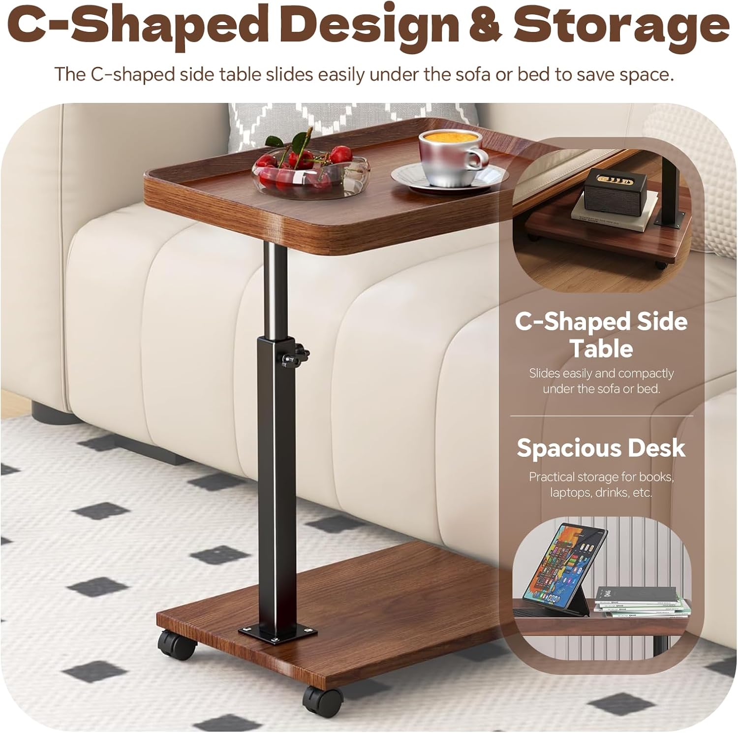 C-Shaped End Table Adjustable Height, Small Side Table for Couch, 360°Swivel TV Tray Table for Living Room and Bedroom for Sofa, Bed, Snack (Walnut)