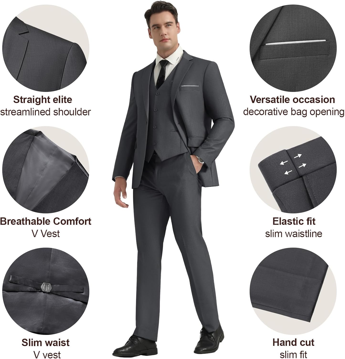 LUPURTY 3 Piece Suits for Men,Men's Suit Slim Fit,Business Solid One Button Wedding Tuxedo Blazer Vest Pants Set - Image 4