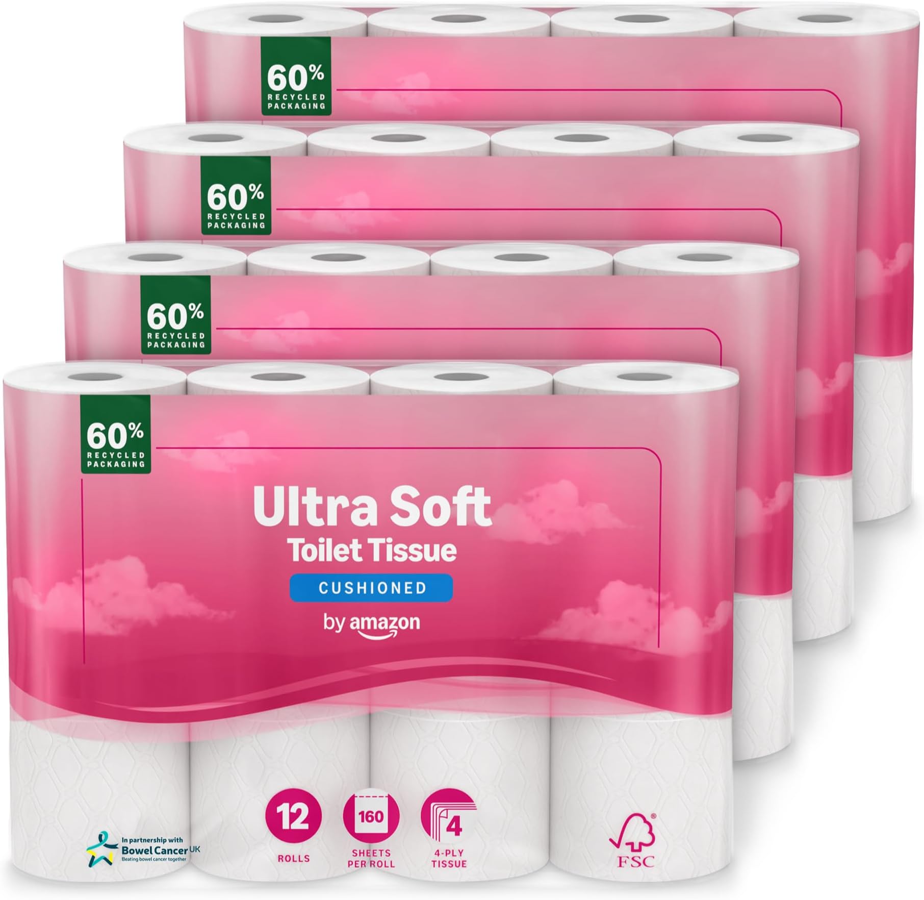 Ultra Soft Toilet Tissue, 4-ply, 48 Rolls (4 Packs of 12), 160 Sheets per Roll, FSC Certified