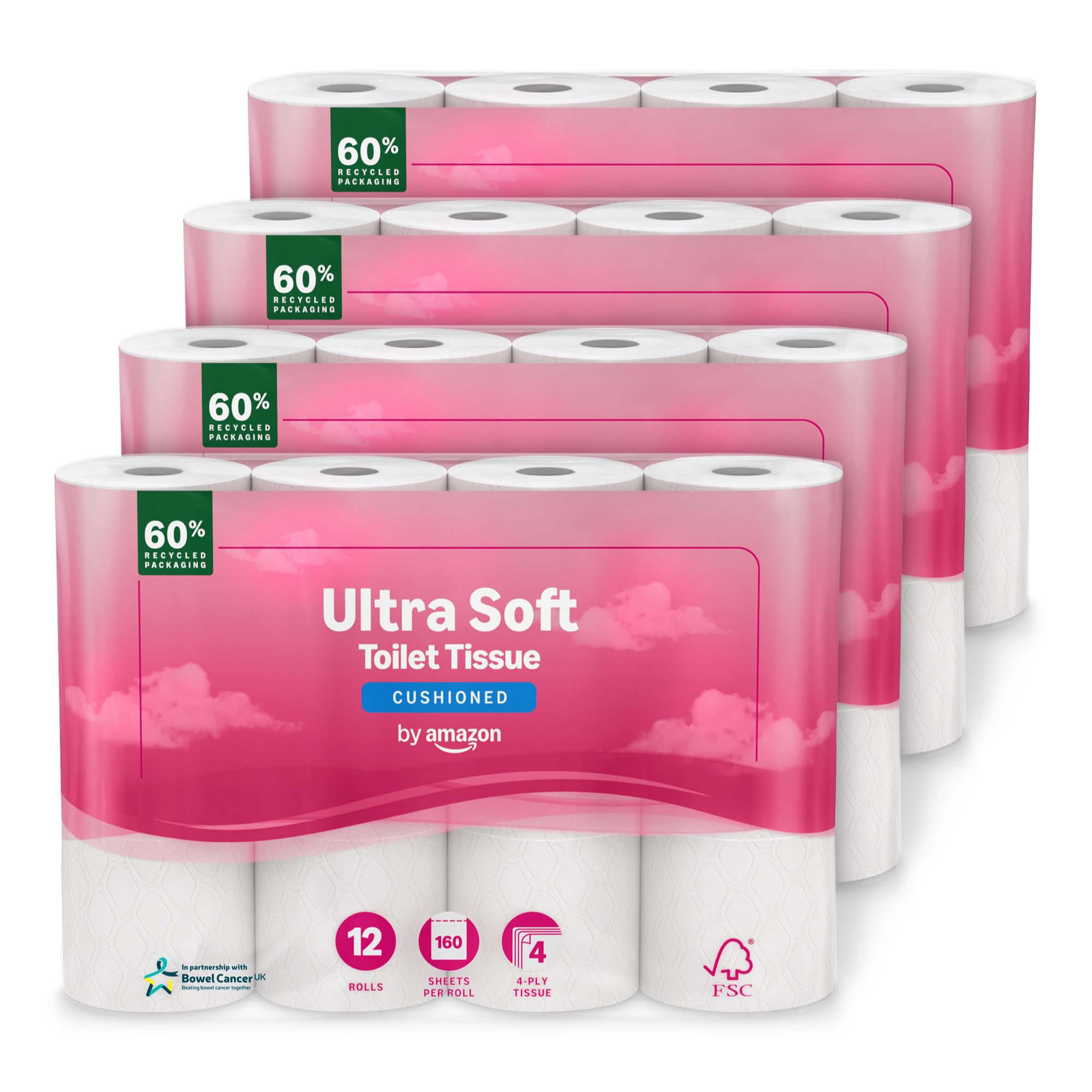 by Amazon Ultra Soft Toilet Tissue, 4-ply, 48 Rolls (4 Packs of 12), 160 Sheets per Roll, FSC Certified