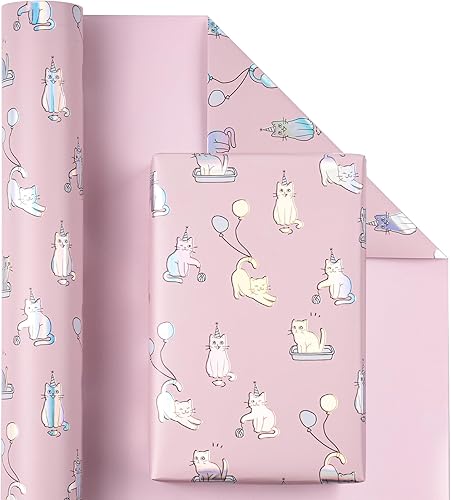 Vista 333 de WRAPAHOLIC Papel de regalo reversible, mini rollo, 17 pulgadas x 33 pies, adorable diseño de gato y azul sólido para cumpleaños, vacaciones