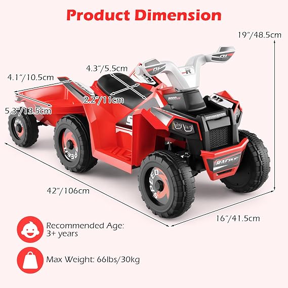 OLAKIDS 6V Kids ATV with Removable Trailer, Forward Backward Function, Widened & Wear-Resistant Wheels, Ride On Toy for Toddlers (Red)