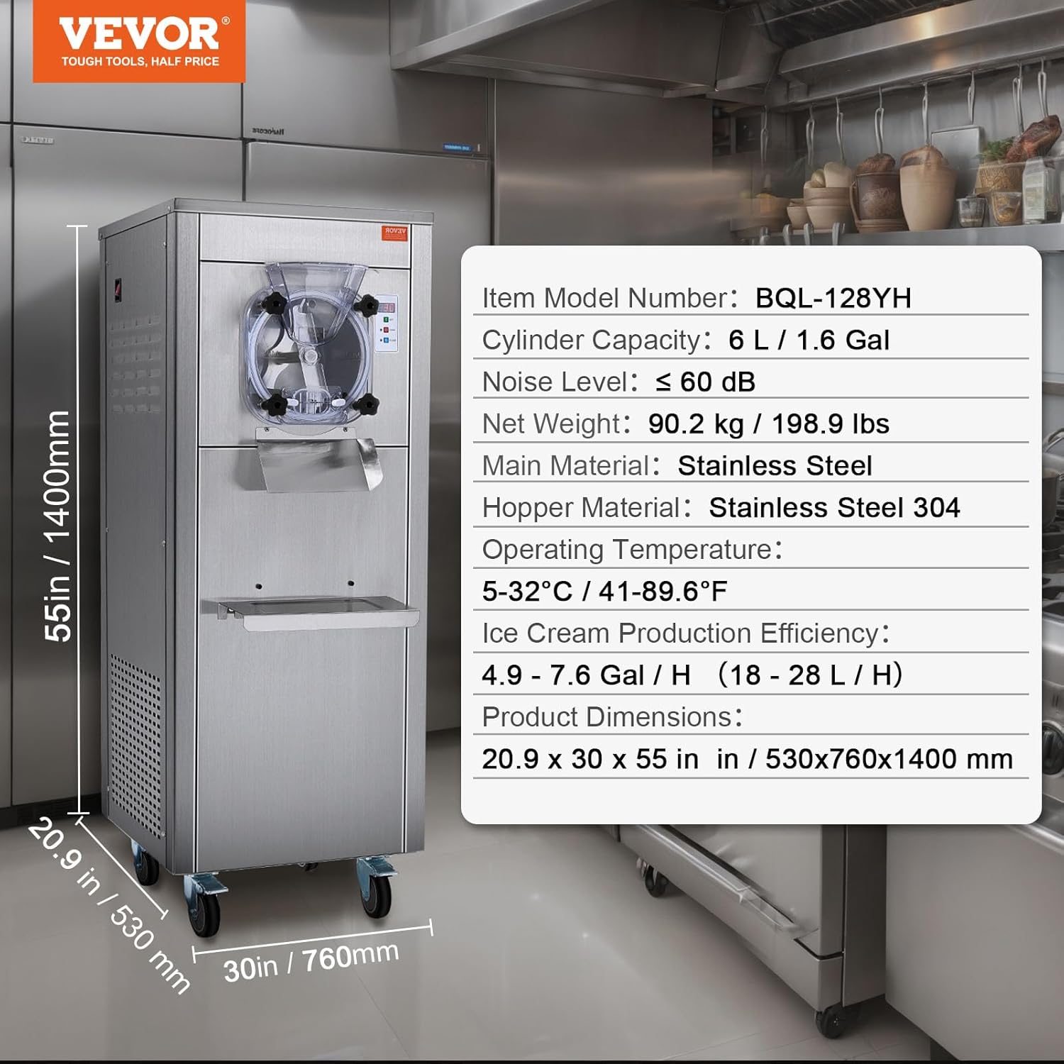 Diagram showing the dimensions of the VEVOR BQL-128YH ice cream machine: 55 inches (1400mm) height, 30 inches (760mm) depth, and 20.9 inches (530mm) width.