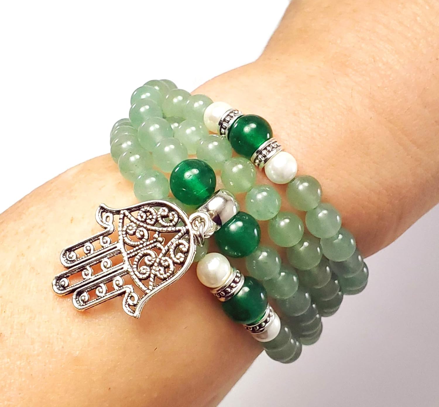 Green Aventurine & Emerald Jade 108 Mala Beads – 6 and 8mm Natural Stones Necklace or Wrap Bracelet with Hamsa Pendant – U.S. Handcrafted Jewelry