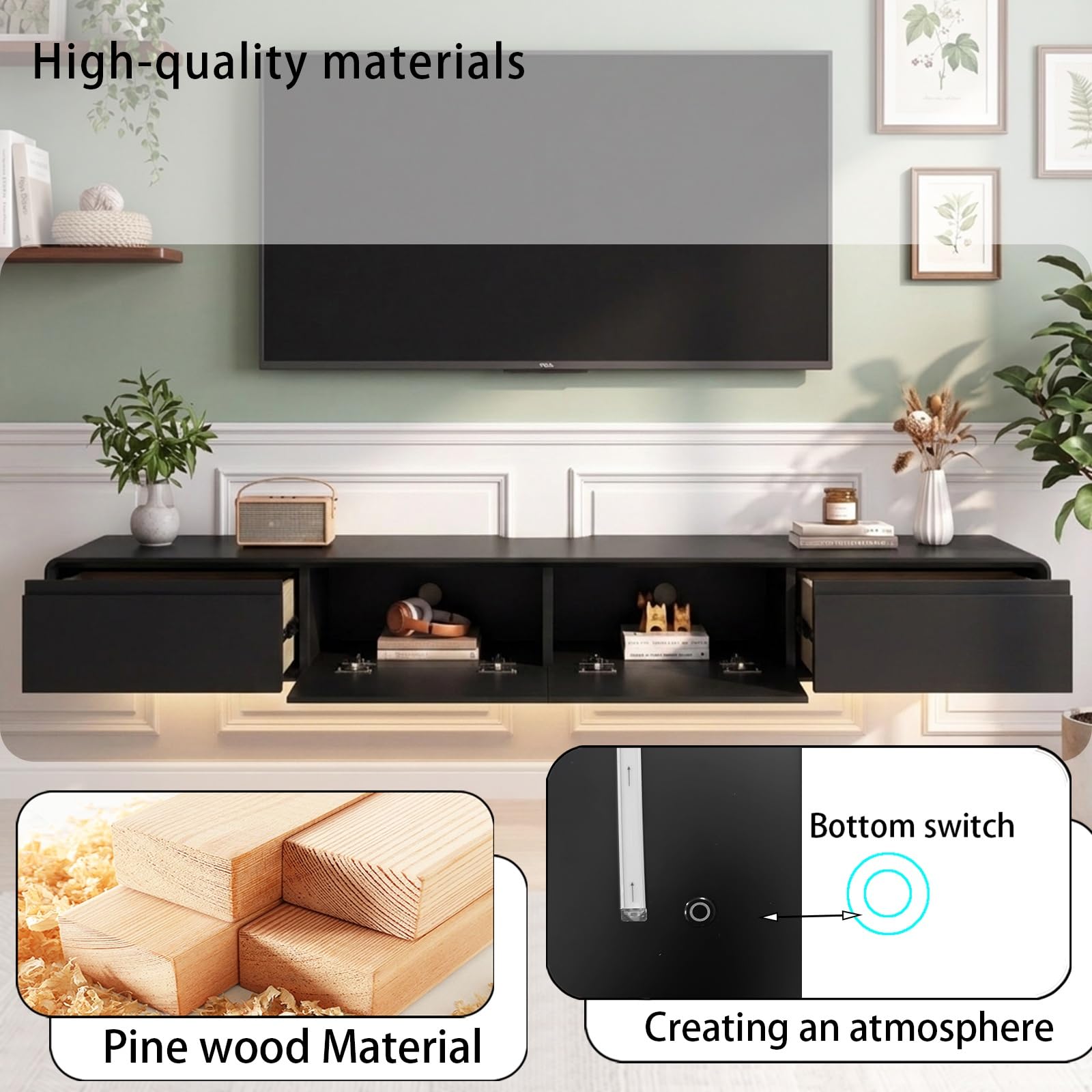 Mueble de TV de Madera Maciza,Mueble de TV Flotante, Mueble Bajo de Pared para TV, Adecuado para el Salón y el Dormitorio,Negro 140CM-LED
