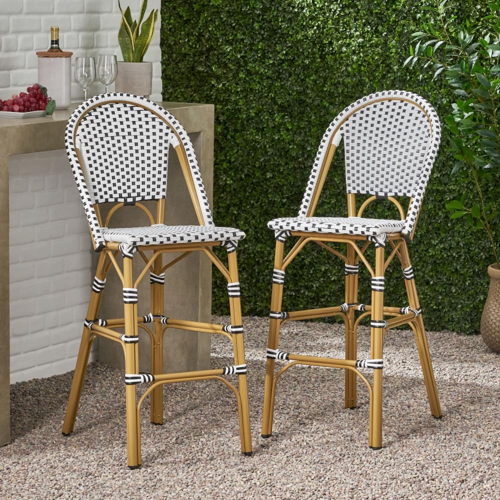 Saiveina 29.5" Outdoor PE Rattan French Barstool, White and Black, Aluminum Frame with Bamboo Finish (Set of 2)