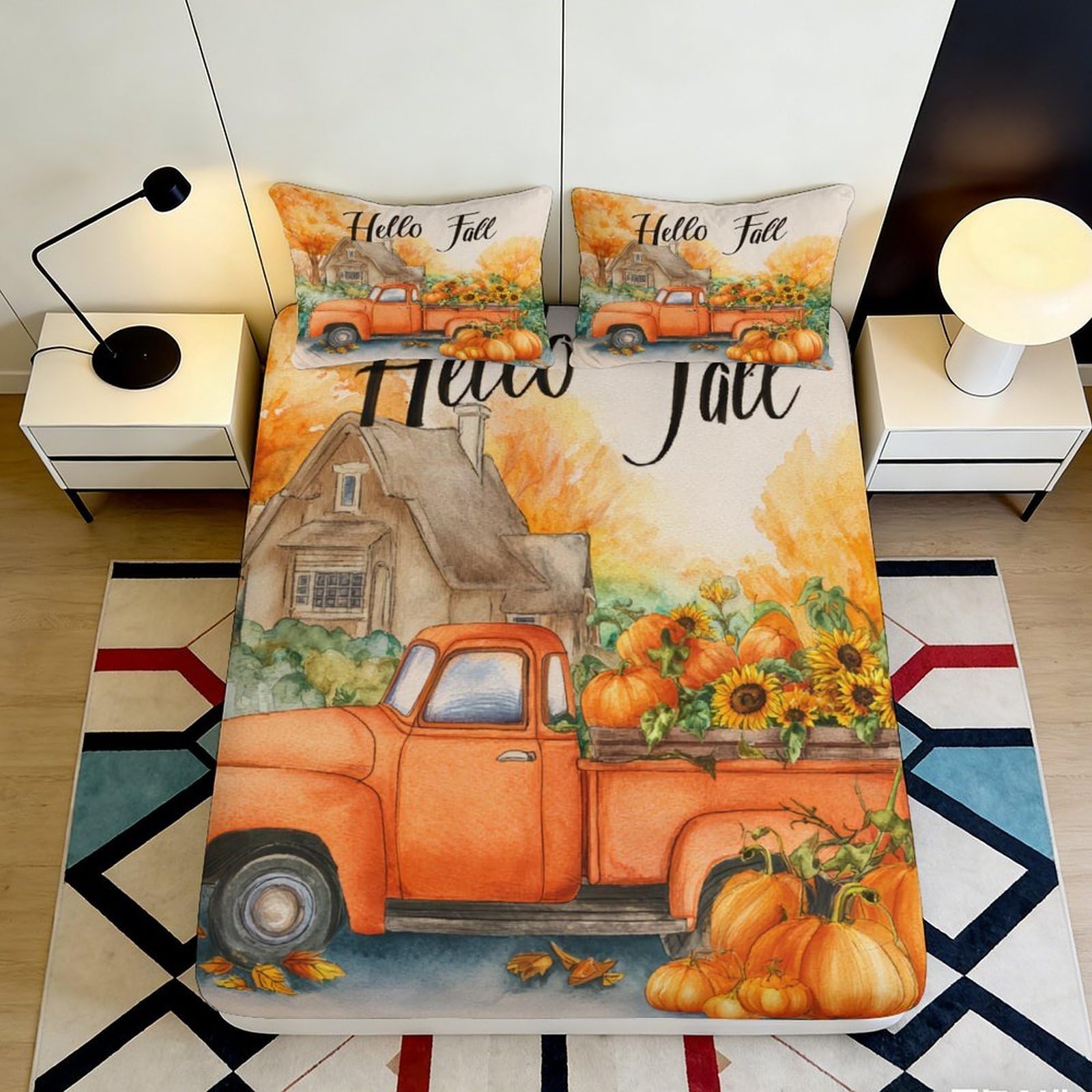 Pnayamiorkfel Style-4 3D Printed Autumn Pumpkin Truck Fitted Sheet Microfiber Soft Mattress Cover For Bedroom Guest Room Decor 90X200x25cm