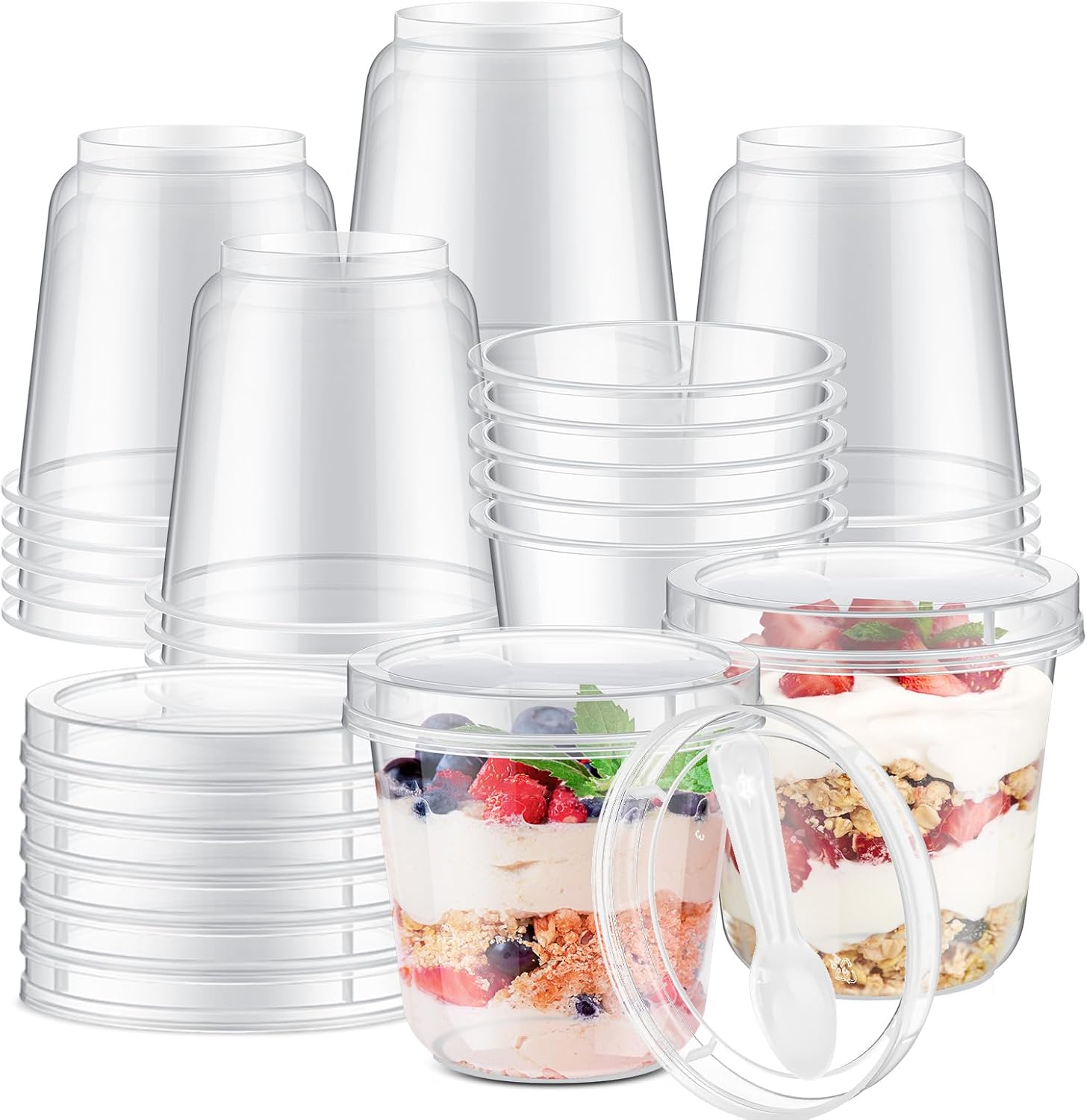 Jingmore 50 Pack 9.5oz Clear Plastic Yogurt Parfait Cups Disposable Overnight Oats Containers with Lids and Spoons Cake Fruit Jars for Food Storage Salad Ice Creams Pudding Snacks (Round Style)