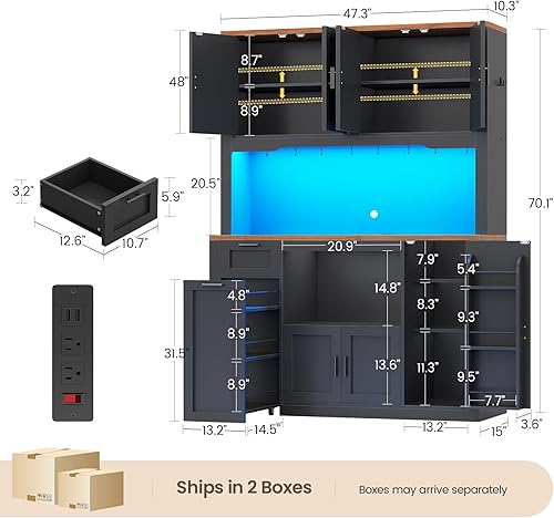 Miniatura 2 de Itaar Armario de despensa de 71 pulgadas con estación de carga y luz LED, armario de despensa de cocina con soporte para microondas, armarios de