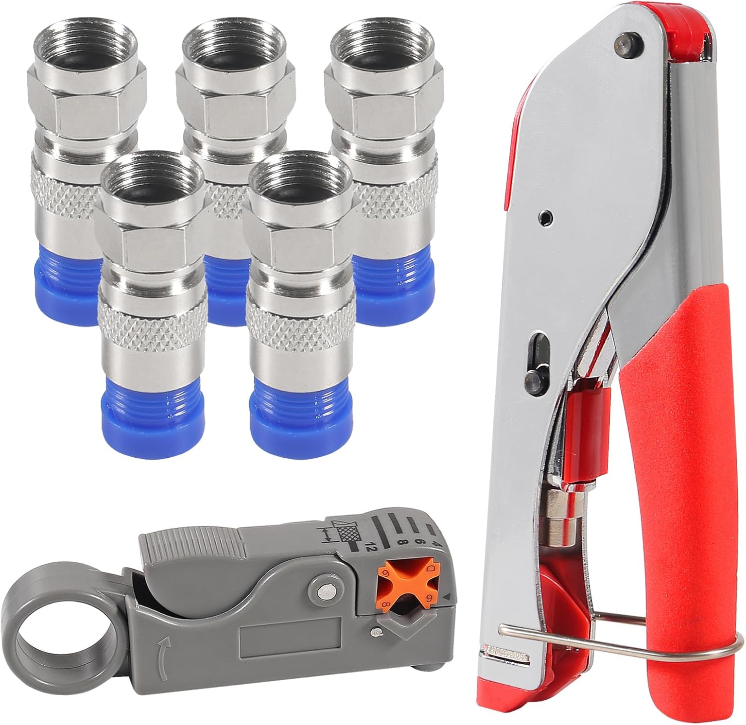 5Pcs F Type RG6 Compression Connectors Coaxial Cable Crimper Kit with Wire Stripper Repair Tool Compatible with RG59, RG6, RG11 Compatible Adjustable Tool for Satellite TV, Home Use