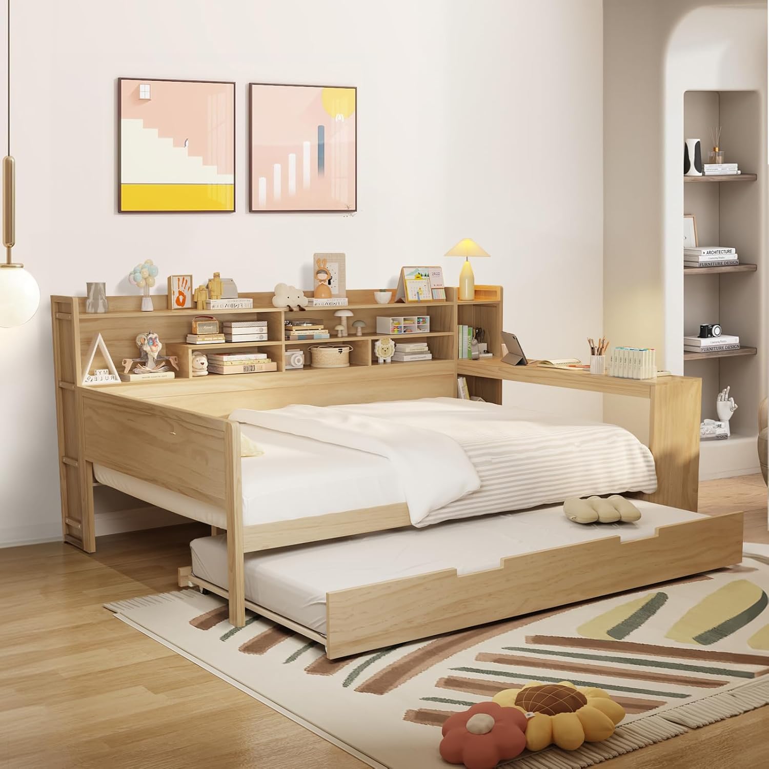 Full Size Corner Bed Frames, Full Size Daybed with Trundle,Side Bookcase and Desk, Wooden Daybed,Multi-Functional Bed for Kids Adults Bedroom Guest Room, Spring Box Not Required,Natural