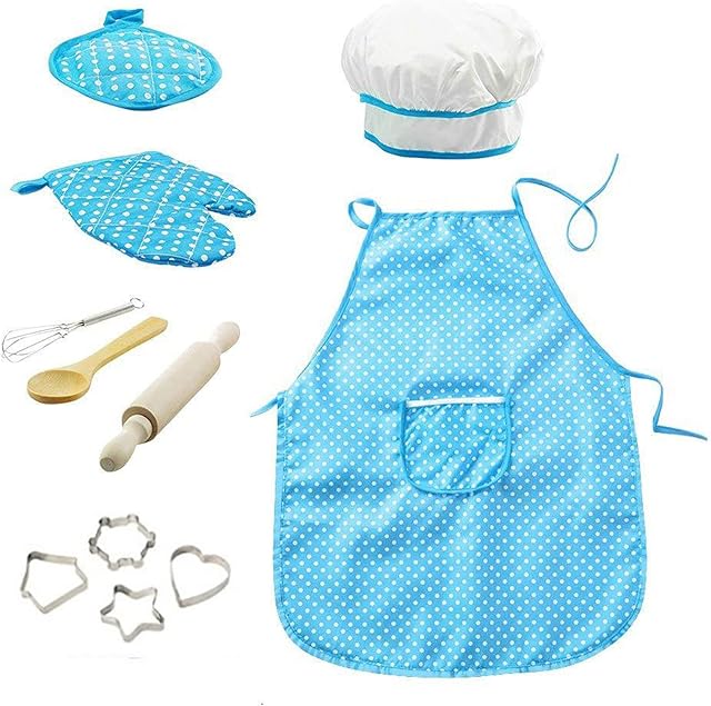 Haletia Kids Cooking and Baking Set,11 Pcs Children's Baking Kit Apron, Chef Hat Chef Dress Up Role Play Toys Costume for Kids Age 3-8 for Christmas, Thanksgiving Gift (Blue)