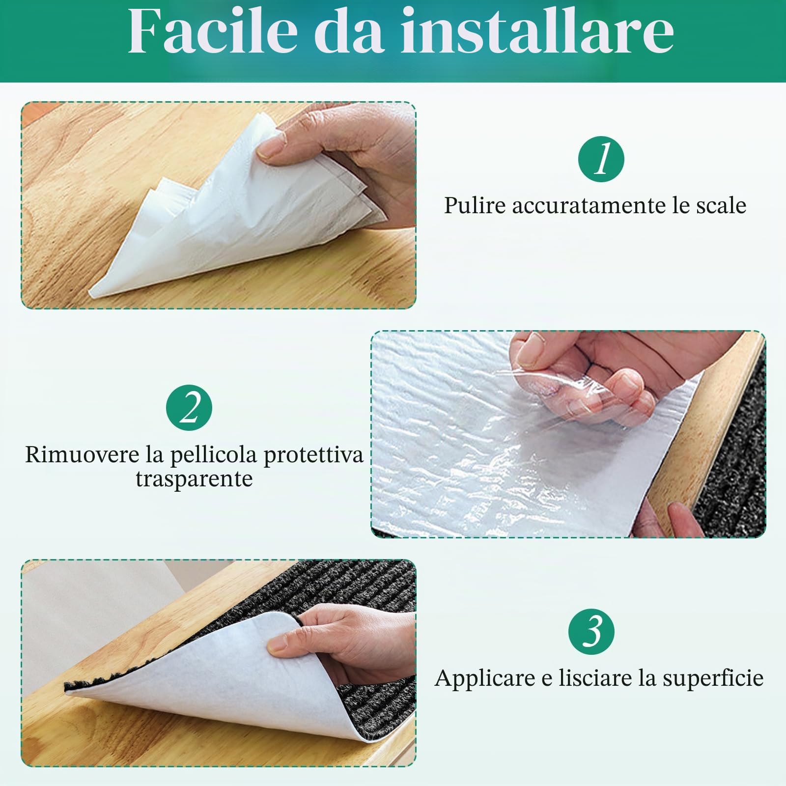 Tappetini per scale, 14 pezzi, antiscivolo, autoadesivi, 20 x 76 cm, protezioni per gradini, per bambini, anziani, animali domestici, per scale, colore nero