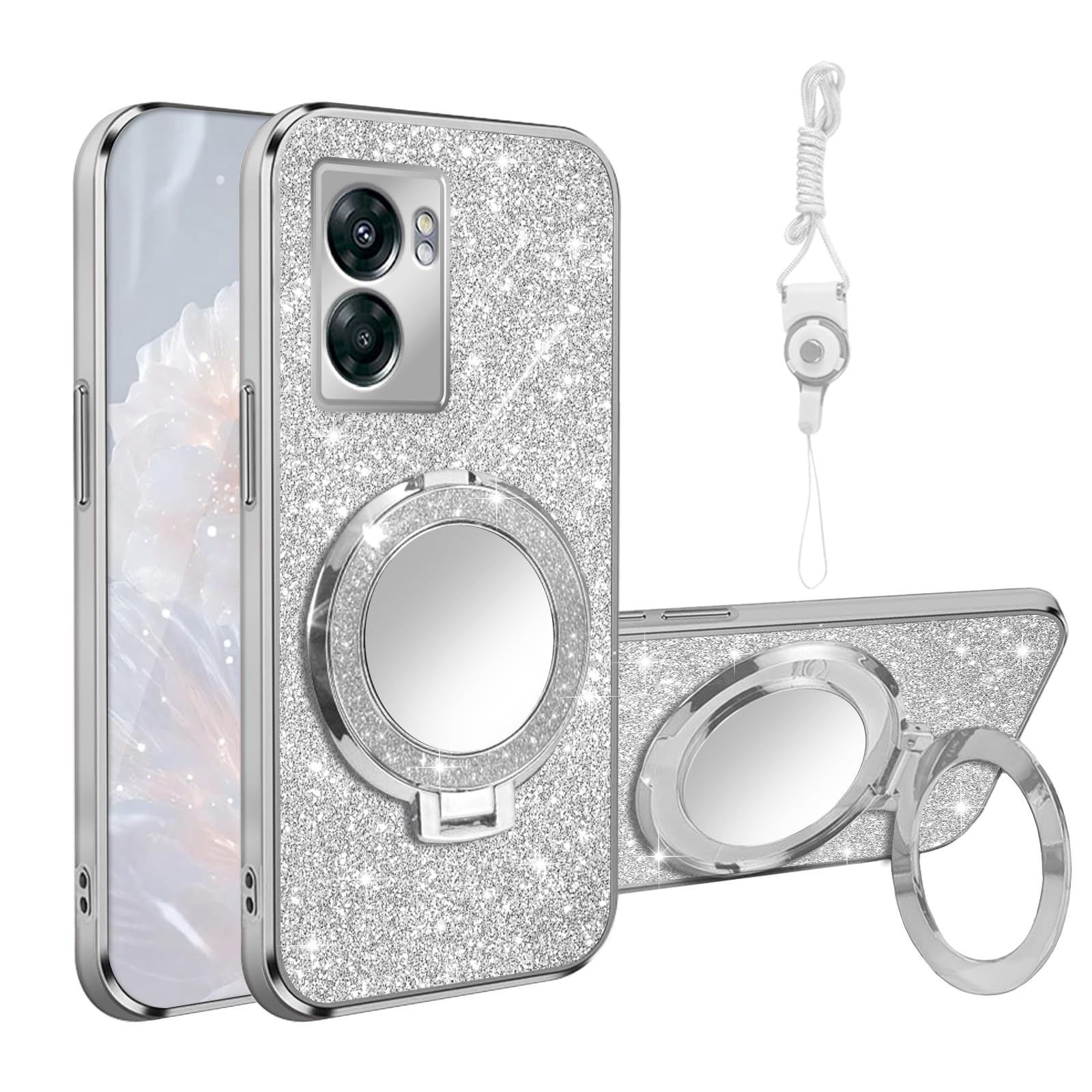 for OnePlus Nord N300 5G Case [MagSafe Compatible] Glitter Card Clear Back Cover with Ring Kickstand, Lanyard, Mirror Soft TPU Protective Cover for OnePlus N300 5G Phone Case, Silver