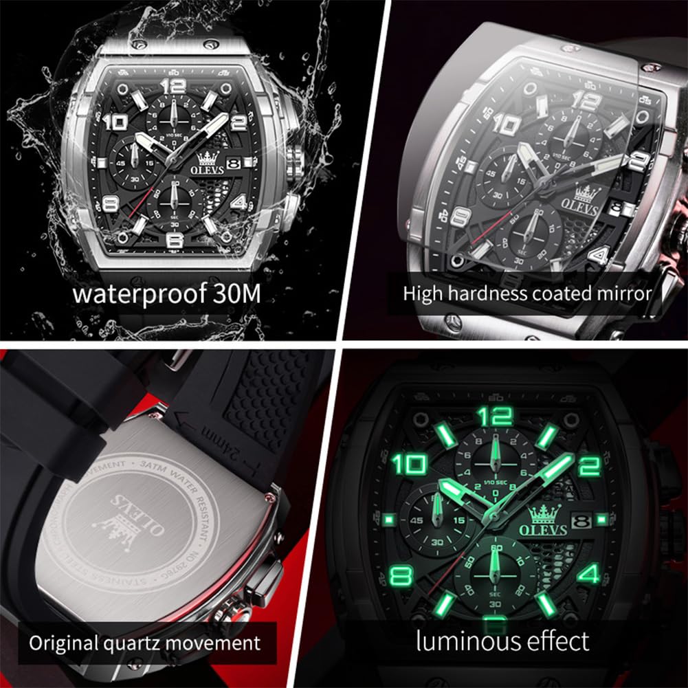 OLEVS Watch Men Chronograph Square Watches for Men Big Face Luxury Original Dress Waterproof Casual Nice Wrist Male Watch for Man Analog Classic Business Silicon Strap Mens Watches Relojes Para Hombre
