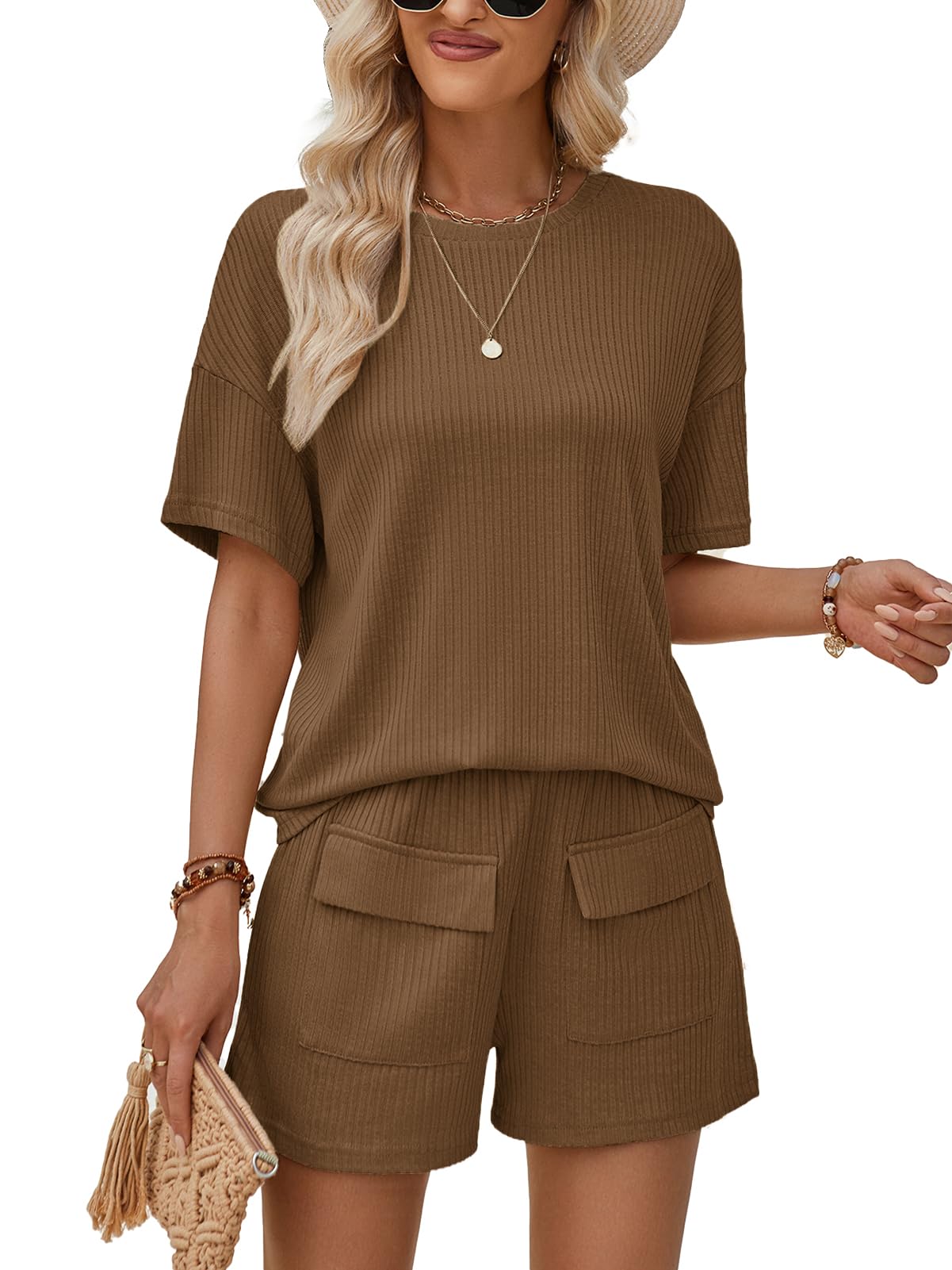 Rayson Damen Sommer Zweiteiler Outfits Lässige Einfach Kurzarm Top und Shorts Set Elegante Freizeitanzug Streetwear