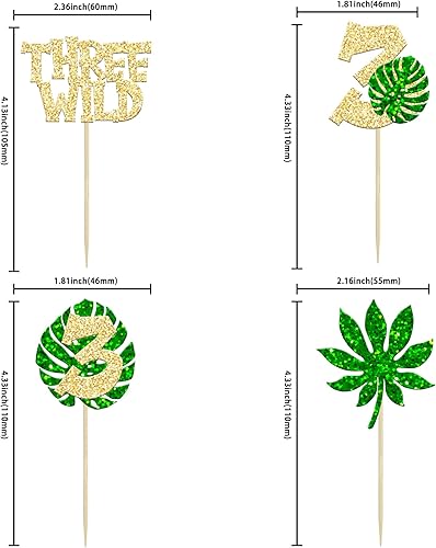 Miniatura 2 de Gyufise 24 piezas de decoración de cupcakes de tres hojas de palmera con purpurina y hojas de Monstera con purpurina y tres púas para cupcakes
