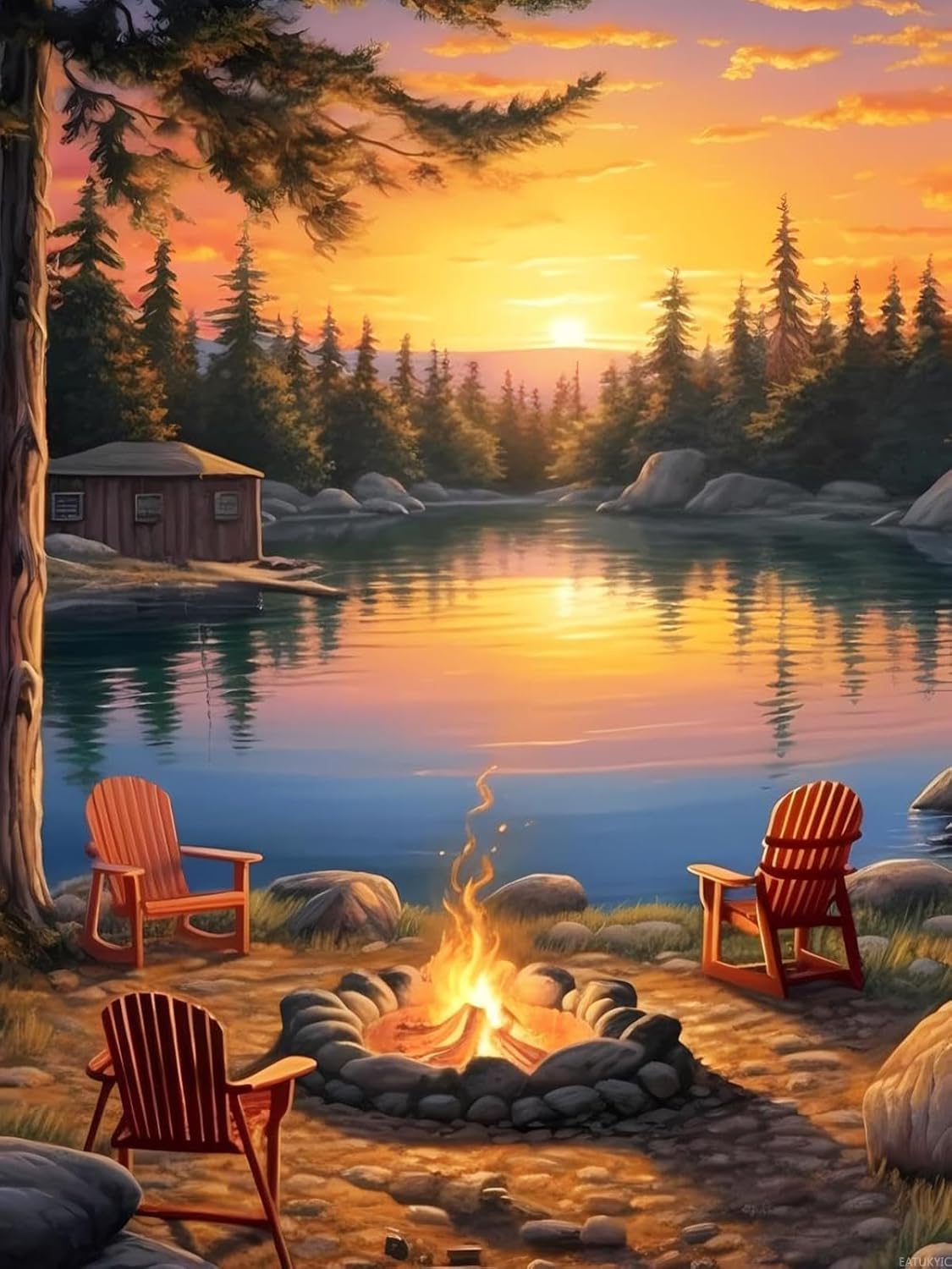 EATUKYIC 5D Adult Diamond Painting Kit Campfire is Light by Lake Diamond Painting Full Diamond Gemstone Painting Suitable for Relieving Emotions Camping Diamond Dots Art Crafts 12x16 inch