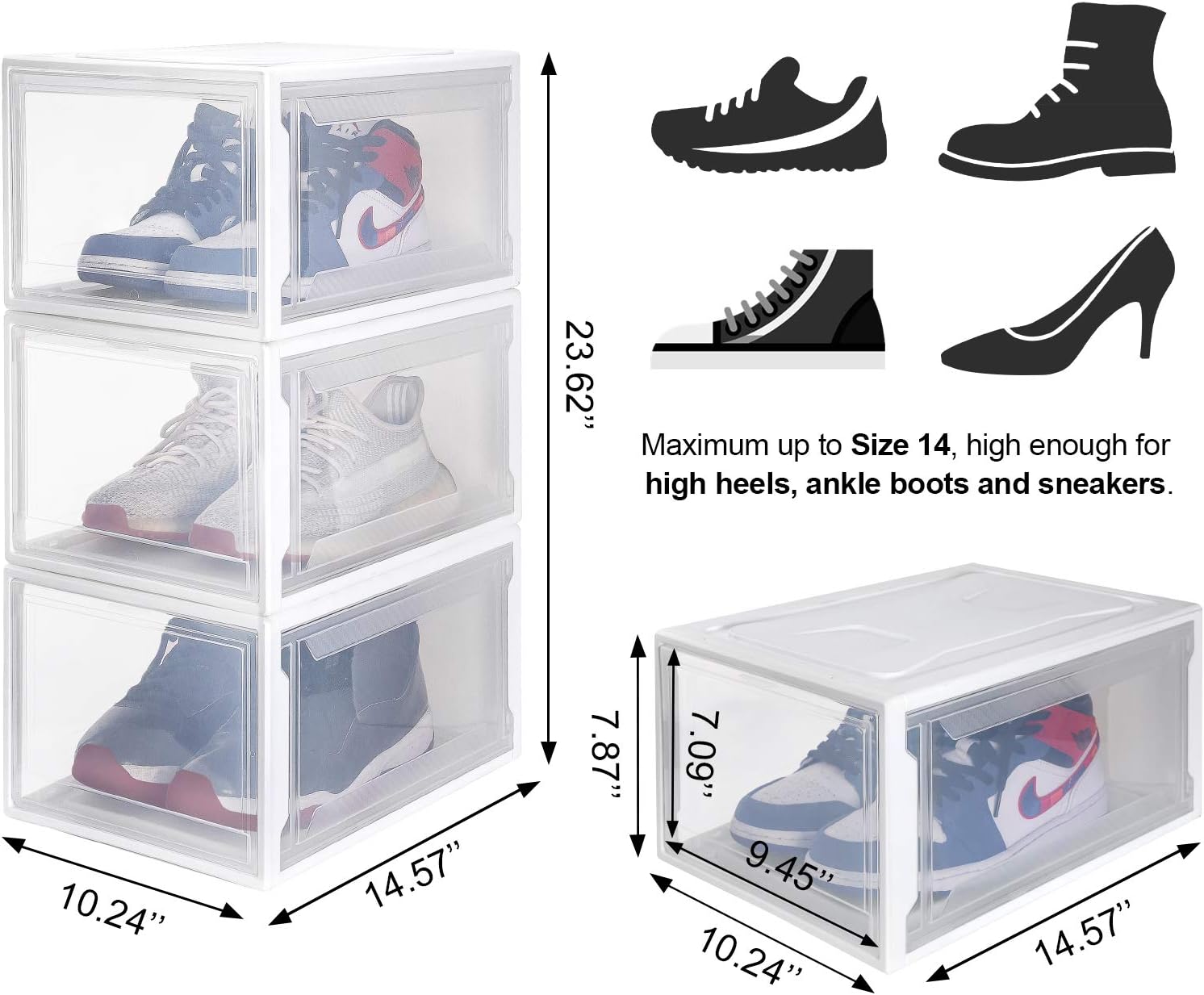 Homde Reinforced Shoe Boxes Pack of 3 Stackable Shoe Storage Rack White Frame with Clear Body (X-Large)